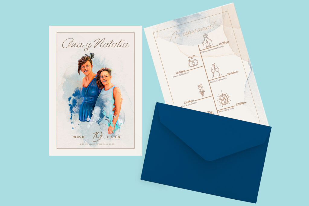 Invitación personalizada con retrato realista de las novias para su boda