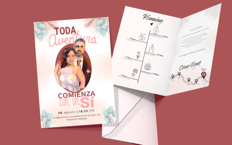 Invitación personalizada con retrato realista de los novios para su boda