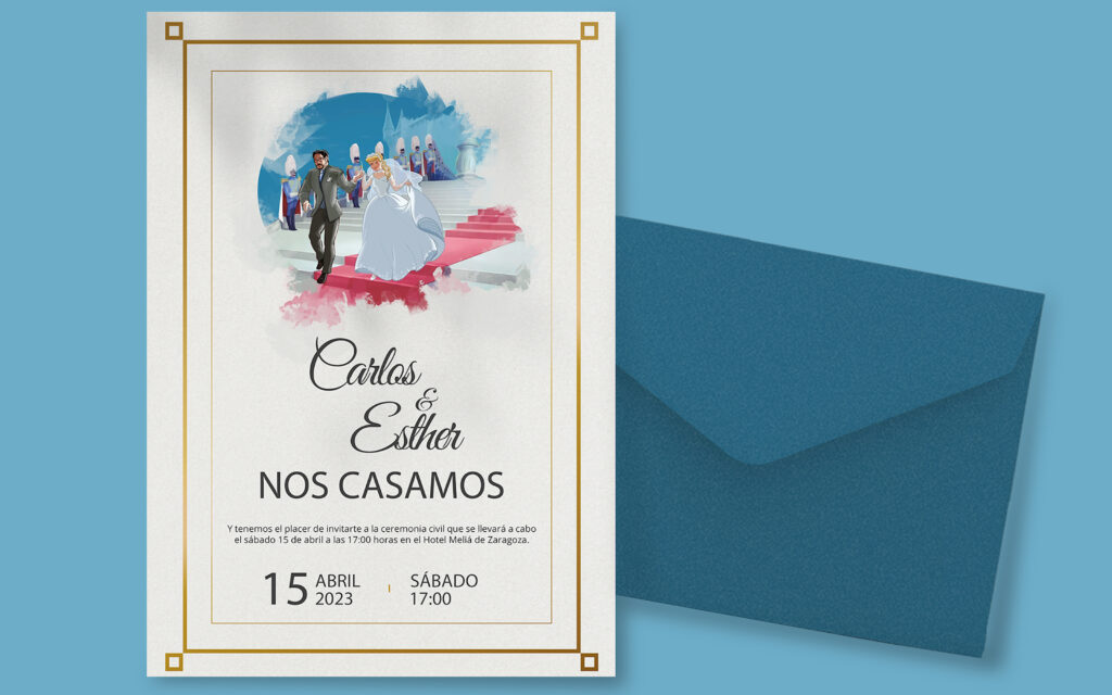 Invitación de boda de princesa Disney con retrato de los novios en escena